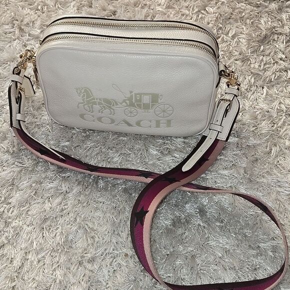 Coach Chalk Crossbody Bag Gold Tone Double Zipper Guitar Strap Womens Purse - Picture 12 of 16